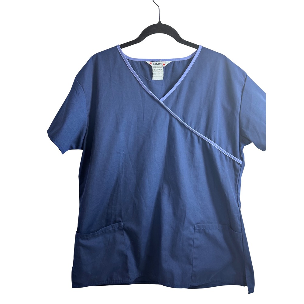 Just Love Scrub Top Size L Navy Blue Mock Wrap V-Neck Pockets Womens
